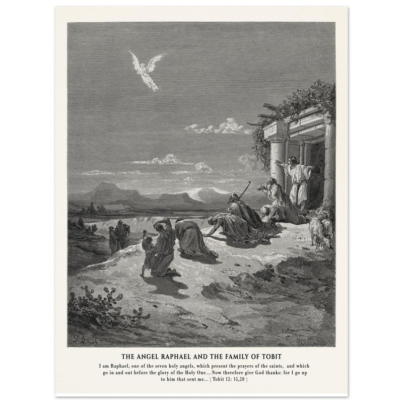 Gustave Dore The Bible engraving print . The angel Raphael and the family of Tobit.
