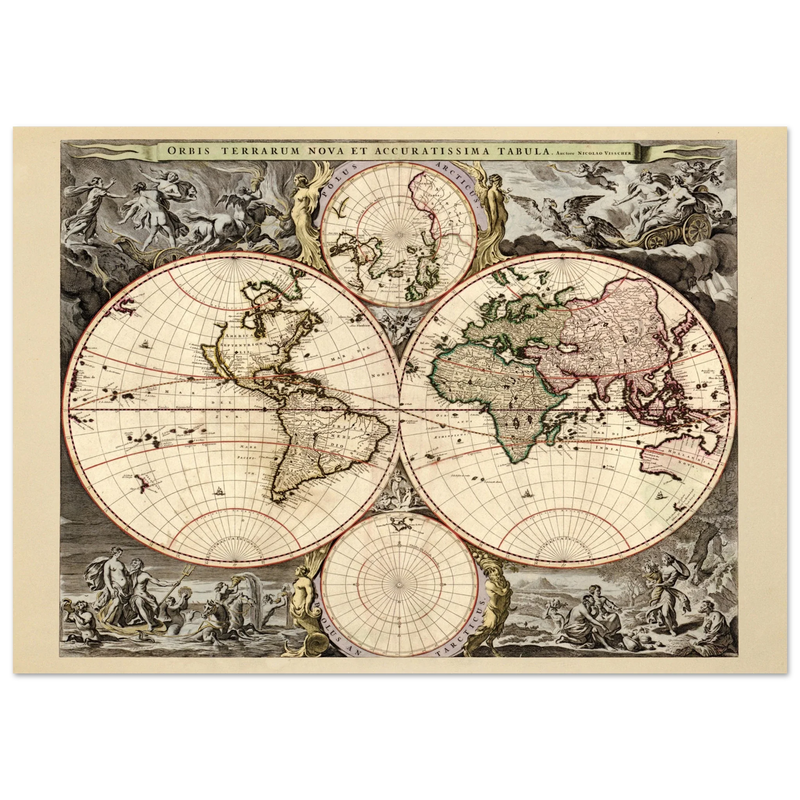 Antique world map print reproduction of the XVII Century. Orbis terrarum nova by Nicolaes Visscher II