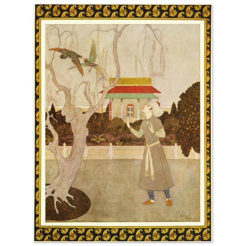 Edmund Dulac and one of his illustration for Princess Badoura fairy tale. Prince Camaralzaman and the Birds.