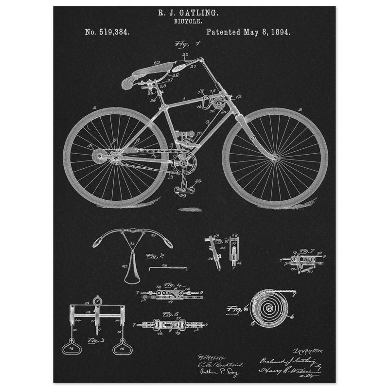 Vintage bicycle patent by Richard J Gatling 1894