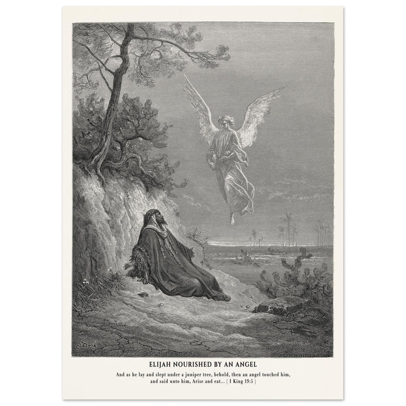 Gustave Dore The Bible engraving print . Elijah nourished by an angel illustration .