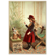 Young girl holding up piece of food in front of begging dog vintage illustration poster 1890