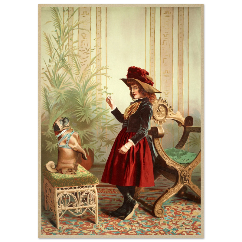 Young girl holding up piece of food in front of begging dog vintage illustration poster 1890