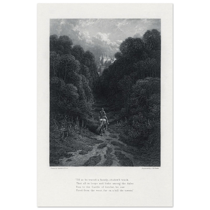 Gustave Dore illustration of King Arthur legend .Lancelot approaching the Castle of Astolat, Idylls of the King by Alfred Tennyson.