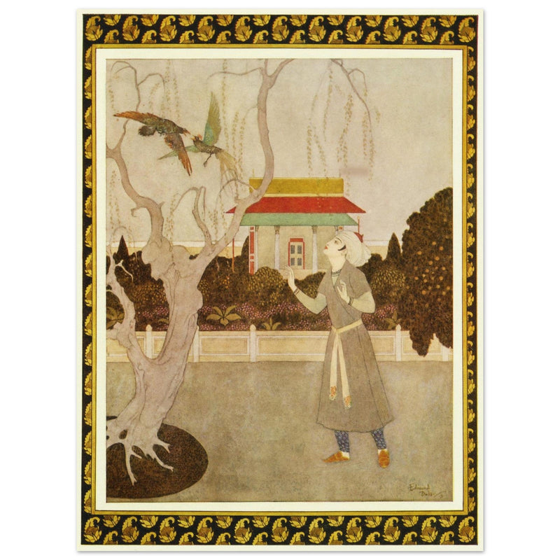 Edmund Dulac and one of his illustration for Princess Badoura fairy tale. Prince Camaralzaman and the Birds.