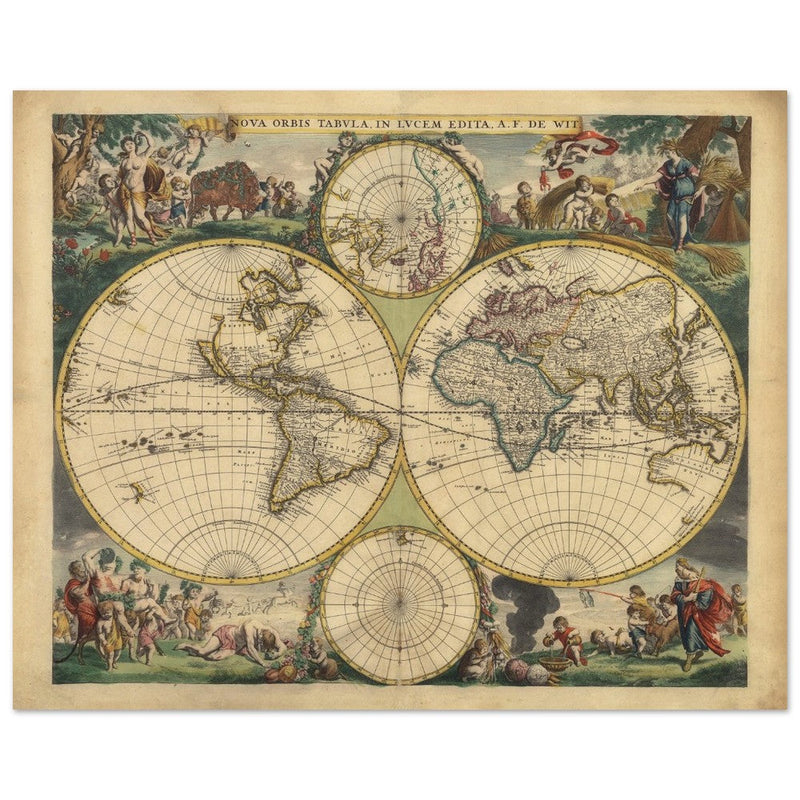 Frederik de Wit 1688 Ancient wold map. Double hemisphere antique old map reproduction. Nova orbis Tabula