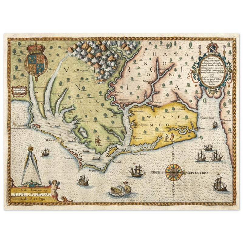 Ancient map of Virginia by Theodor de Bry XVI Century.
