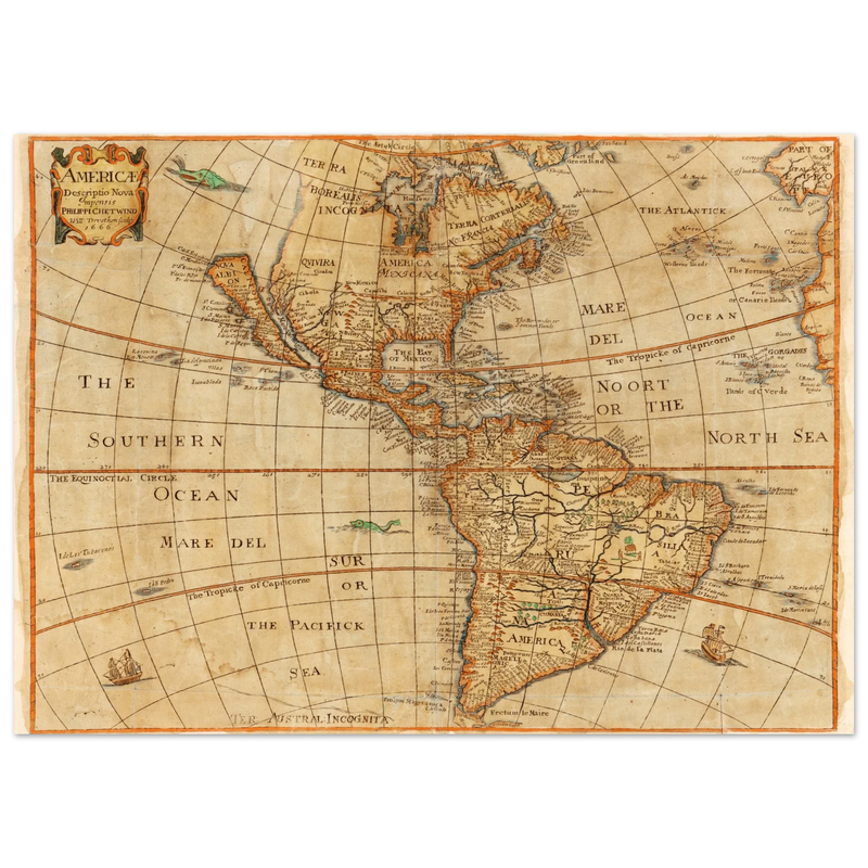Ancient map of America. "Americae Descriptio Nova" by Philip Chetwind