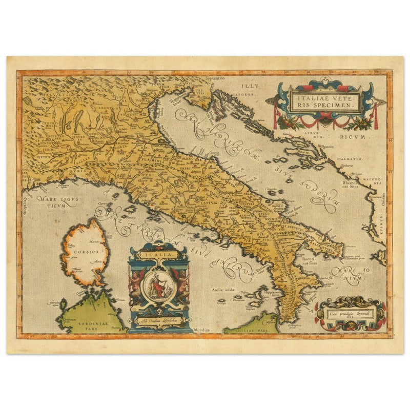 Ancient map of Italy by Abraham Ortelius. Vintage historic map.