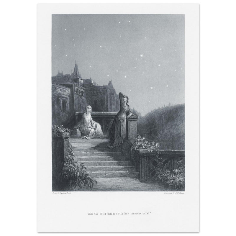 Gustave Dore illustration of King Arthur legend . Terrace scene with Guinevere. From the book Idylls of the King by Alfred Tennyson.
