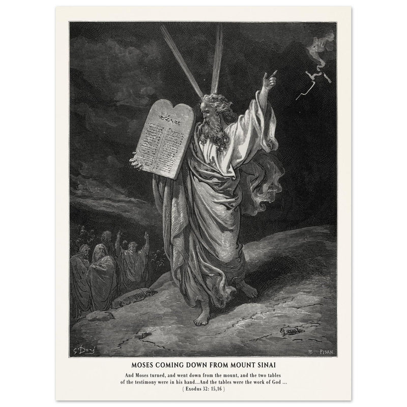 Gustave Dore The Bible engraving print . Moses coming down from Mount Sinai .