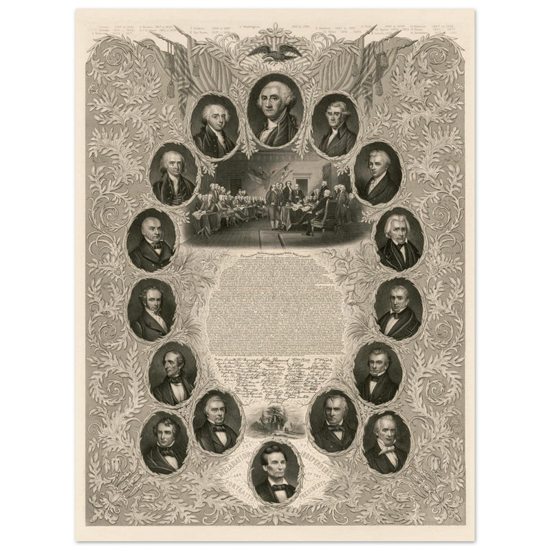 The Declaration of Independence and portraits of the United States  presidents. Walla rt decor