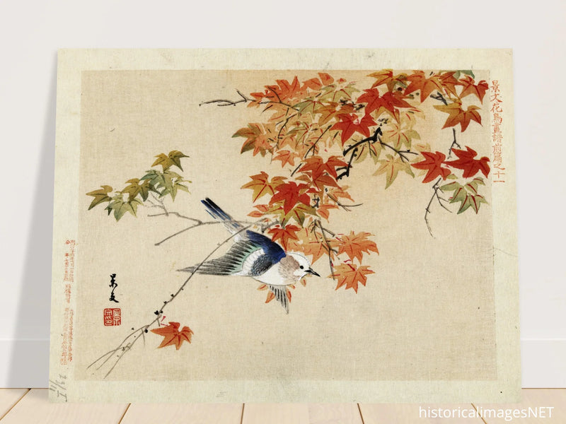 Bird flying at autumn branches by Matsumura Keibun, 1892 .