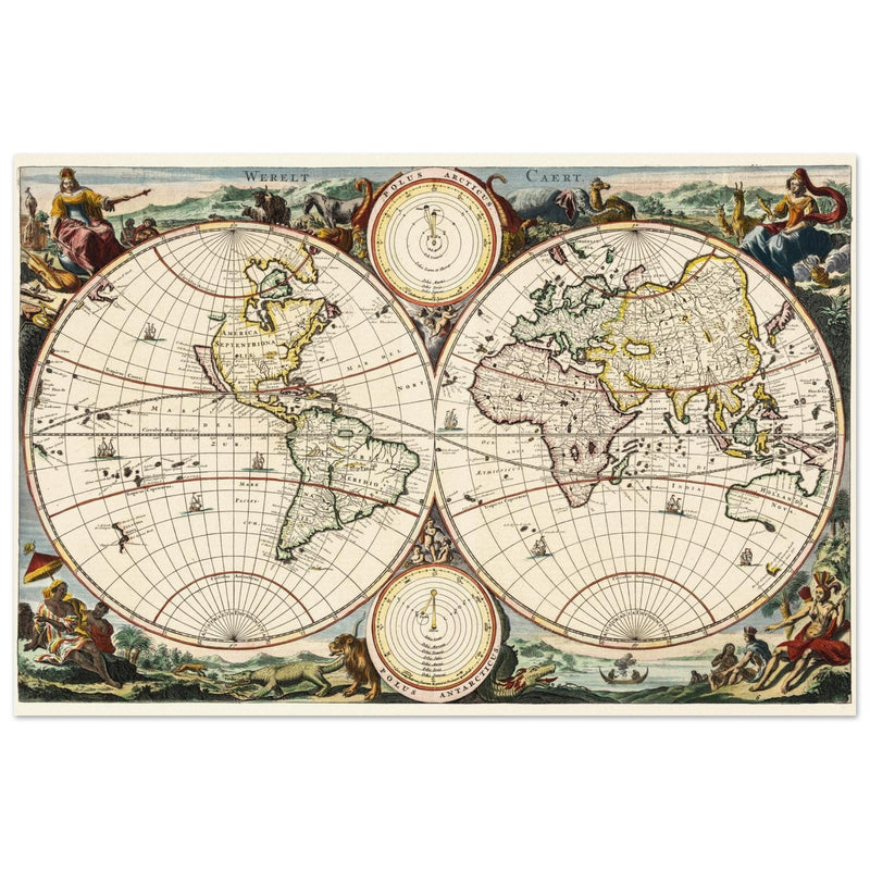 Ancient world map. Vintage double hemisphere cartography by Daniel Stoopendaal .