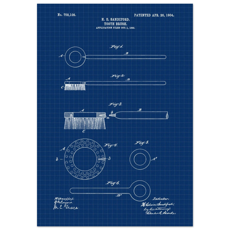 Toothbrush patent illustration by H E Sandiford.