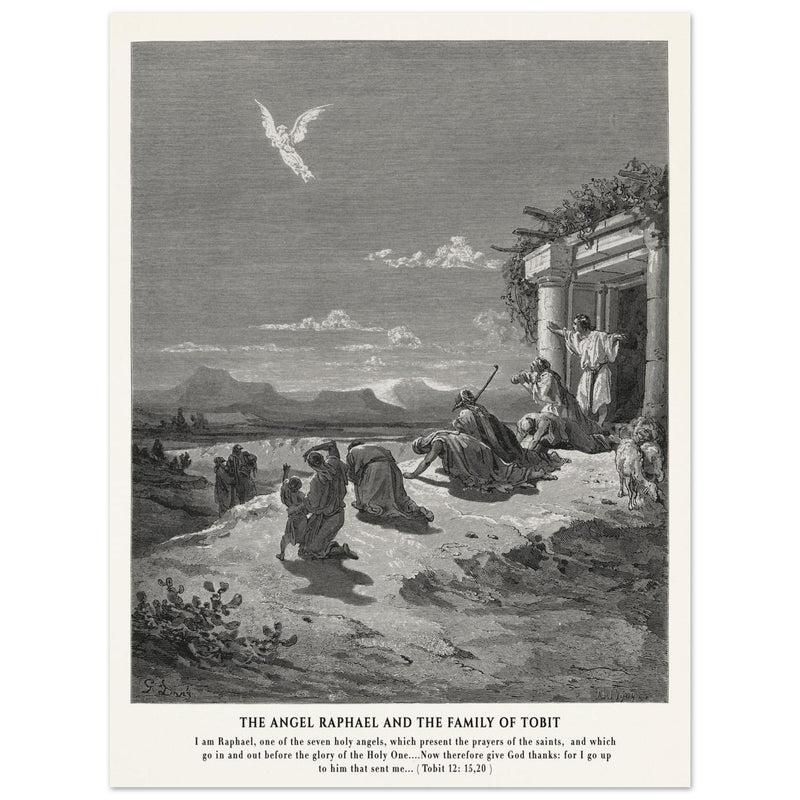 Gustave Dore The Bible engraving print . The angel Raphael and the family of Tobit.