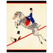 Aline Farrelly illustration for vintage fashion magazine cover woman on horse jumps over fence.