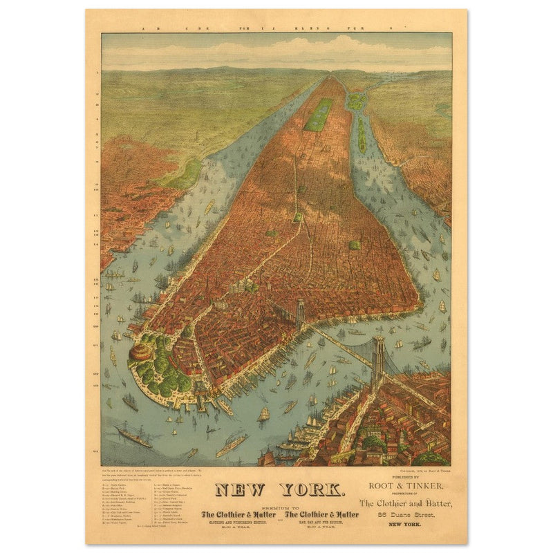 New York City vintage historic aerial view. Antique print  of Manhattan and the Hudson and East river.