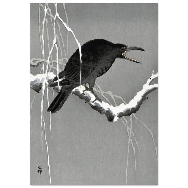 Crow on snowy tree branch by Ohara Koson, ,