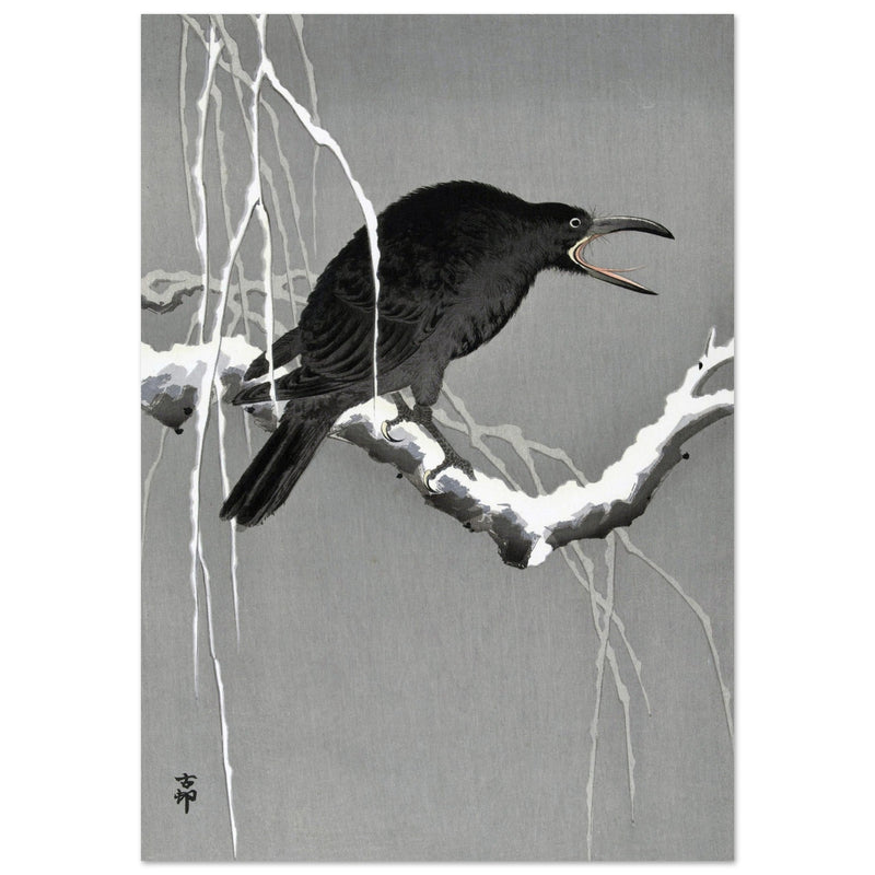 Crow on snowy tree branch by Ohara Koson, ,