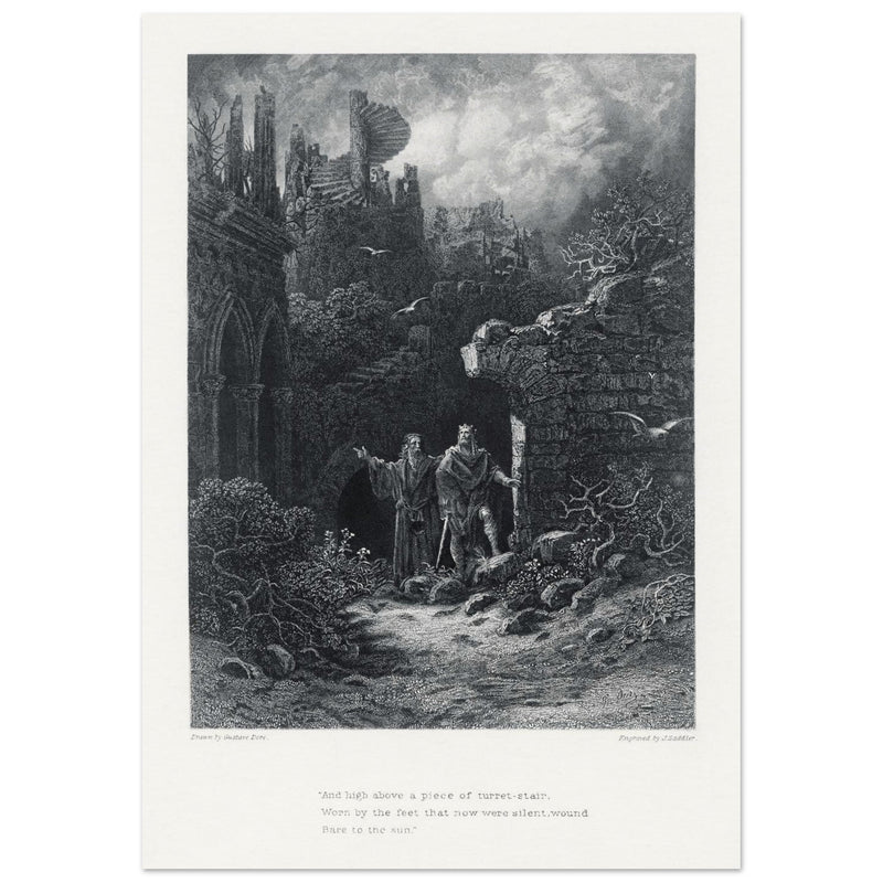 Gustave Dore illustration of King Arthur legends. Yniol Shows Prince Geraint His Ruined Castle. Idylls of the King by Alfred Tennyson