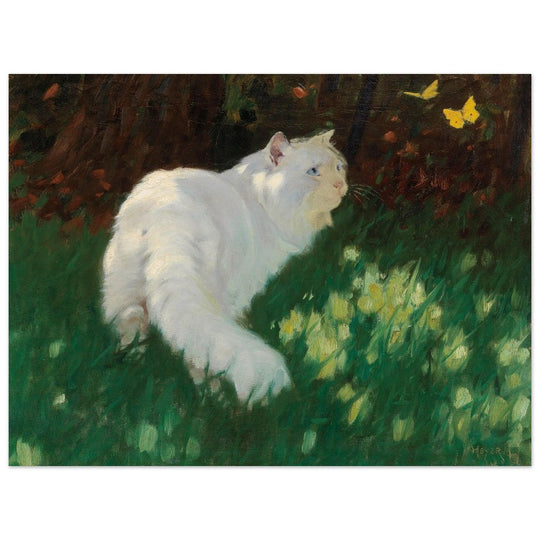 White Cat and Butterflies old painting by Arthur Heyer .