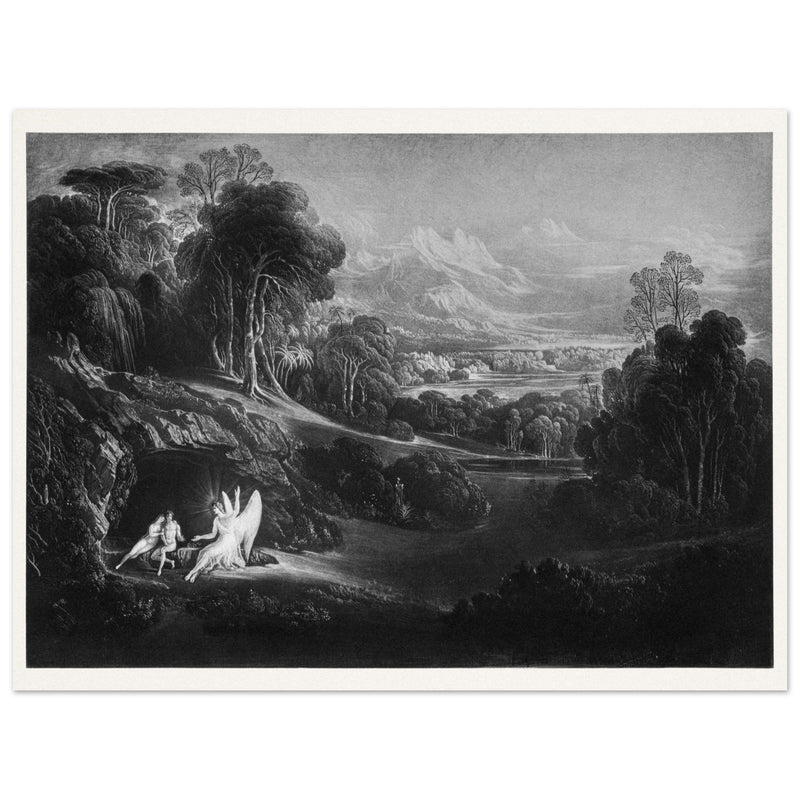John Martin Paradise Lost vintage mezzoting engraving . Raphael Conversing with Adam and Eve .