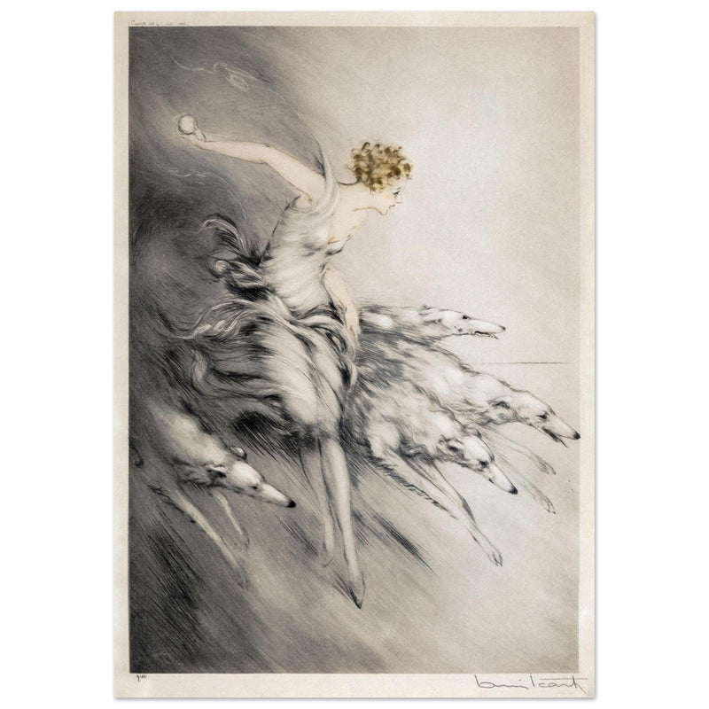 Louis Icart L' Elan 1928 Young woman with greyhound dogs Art Deco style.