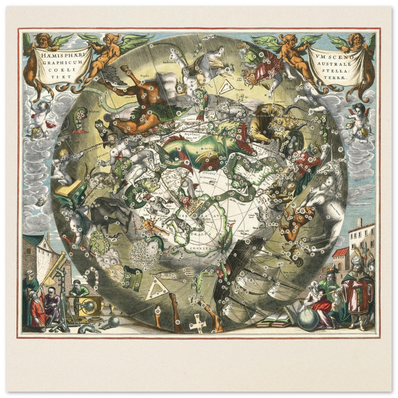 Southern celestial hemisphere with star constellations by Andreas Cellarius.
