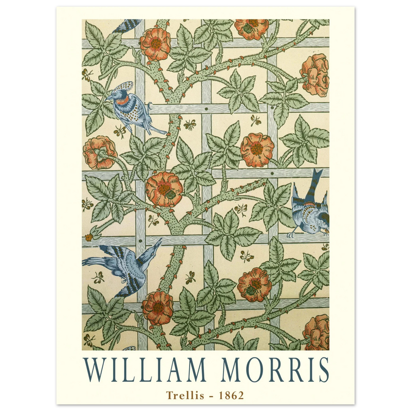 William Morris Trellis vintage wallpaper.  art print of this flower and leaves design