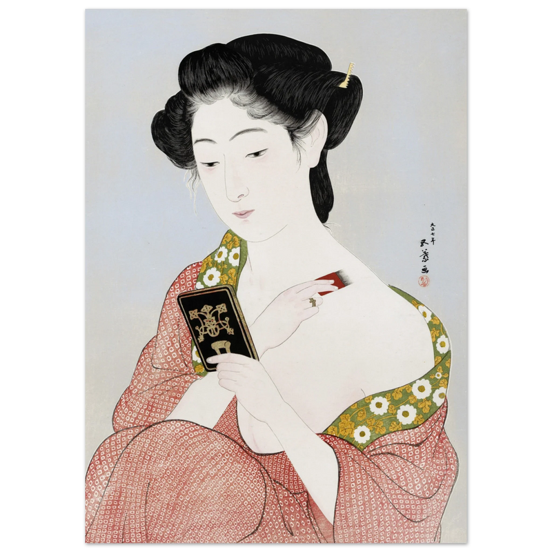Hashiguchi Goyo woodblock print Make up Japanese woman applying make up and looking at her mirror