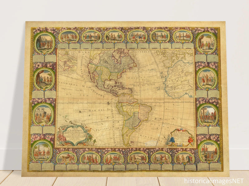 Ancient illustrated map of America. Poster of old cartography of the XVIII Century. Fine art .