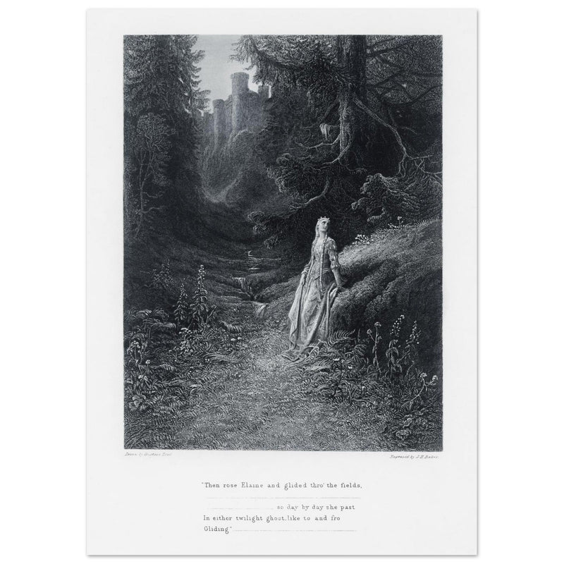 Gustave Dore illustration of King Arthur legend .Elaine on her Road to the Cave of Lancelot. book Idylls of the King by Alfred Tennyson