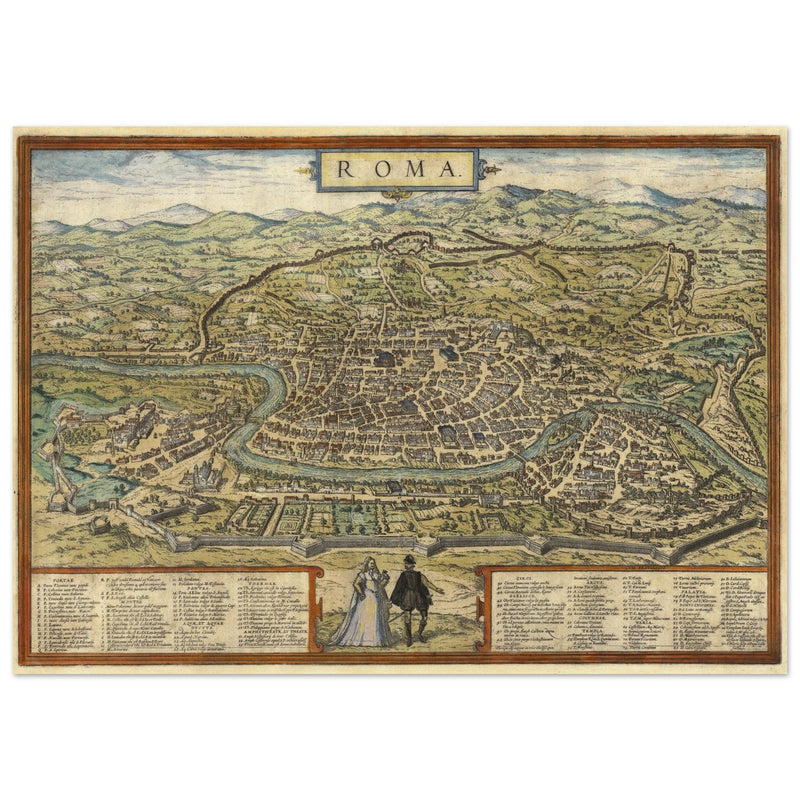 Ancient map of Rome with engravings by Georg Braun and Frans Hogenberg.
