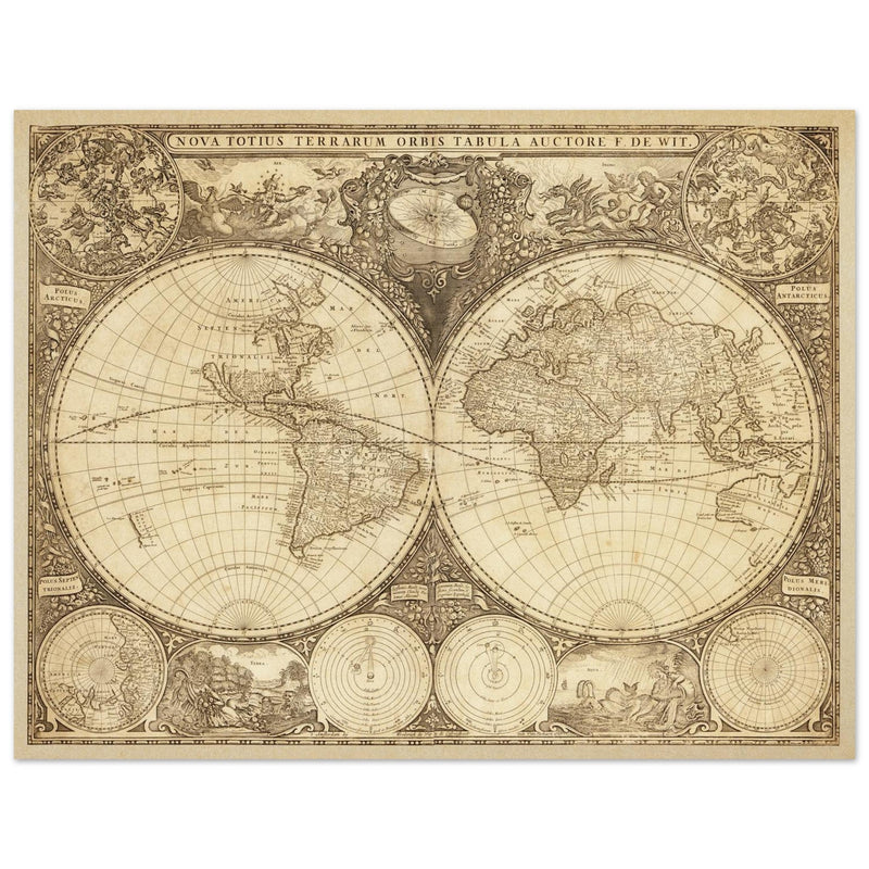 Old vintage world map Double hemisphere Nova totius terrarum orbis tabula by Frederik de Wit