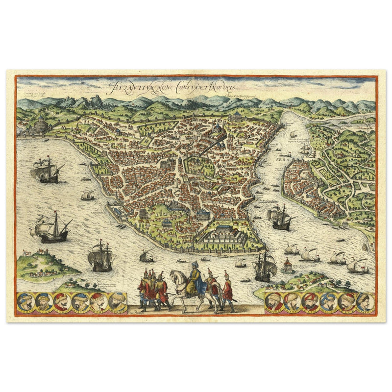 Istanbul ancient map. Byzantium Nunc Constantinopolis by Georg Braun