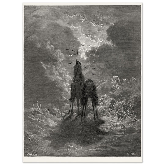 Don Quixote riding with Sancho Panza illustration by Gustave Dore.
