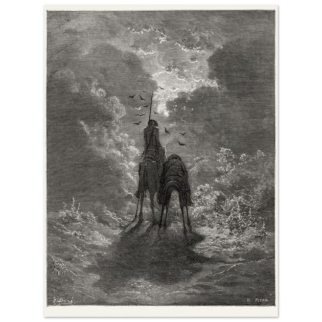 Don Quixote riding with Sancho Panza illustration by Gustave Dore.