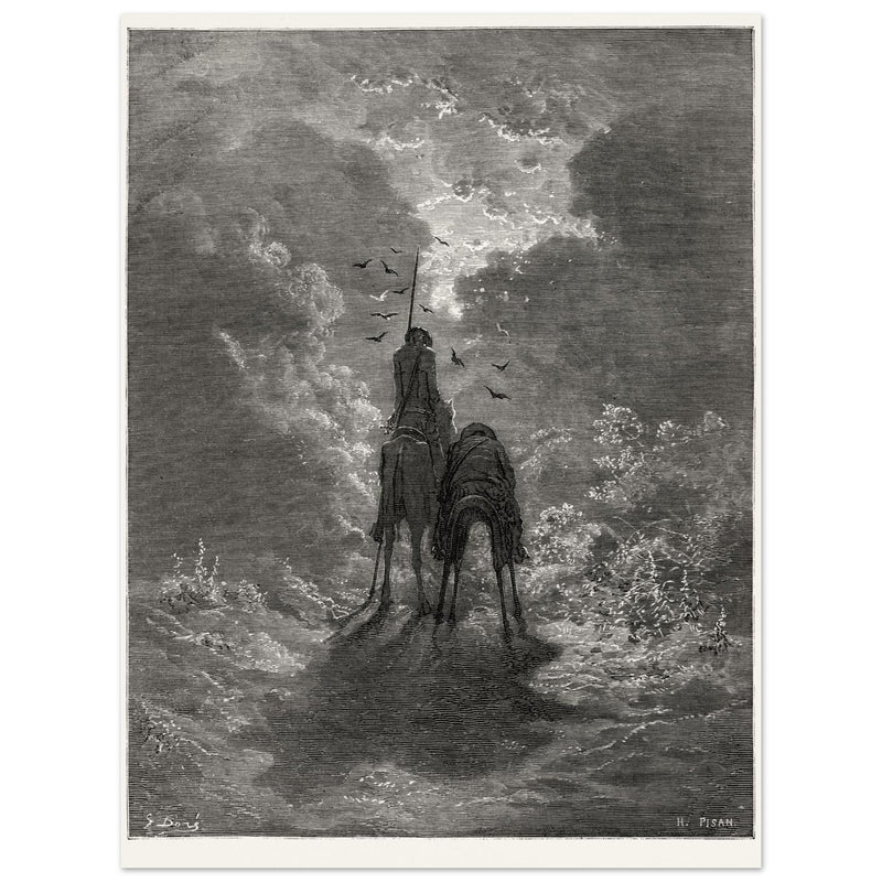 Don Quixote riding with Sancho Panza illustration by Gustave Dore.