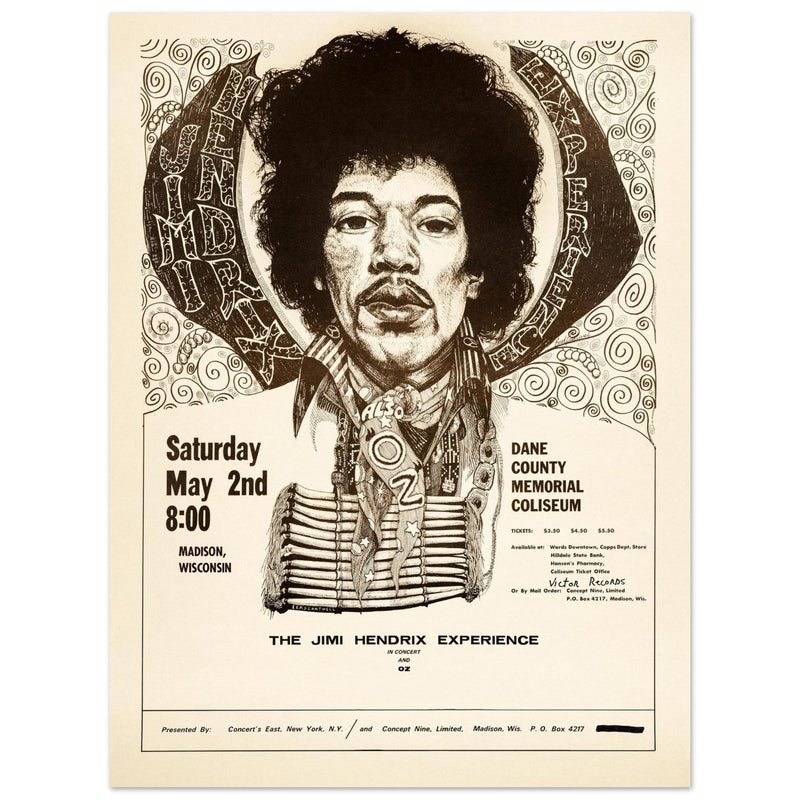 Jimy Hendrix vintage concert poster . Performance in Madison Wisconsin in 1970.