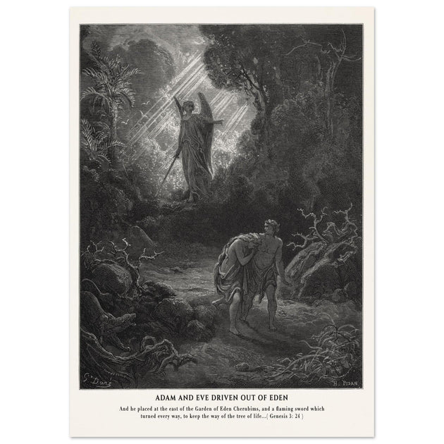 Gustave Dore The Bible engraving print . Adam and Eve driven out from Eden.