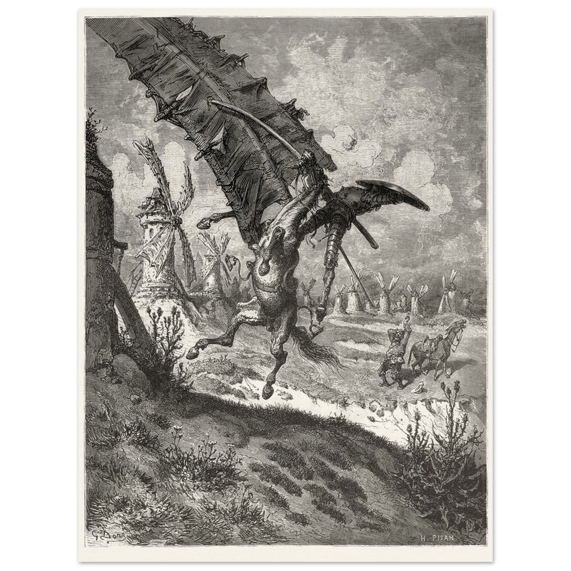 Don Quixote illustration by Gustave Dore. Fight with the wind mills .