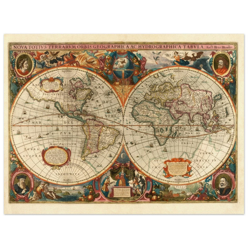 1638 Double hemisphere old world map by Hendrik Hondius.