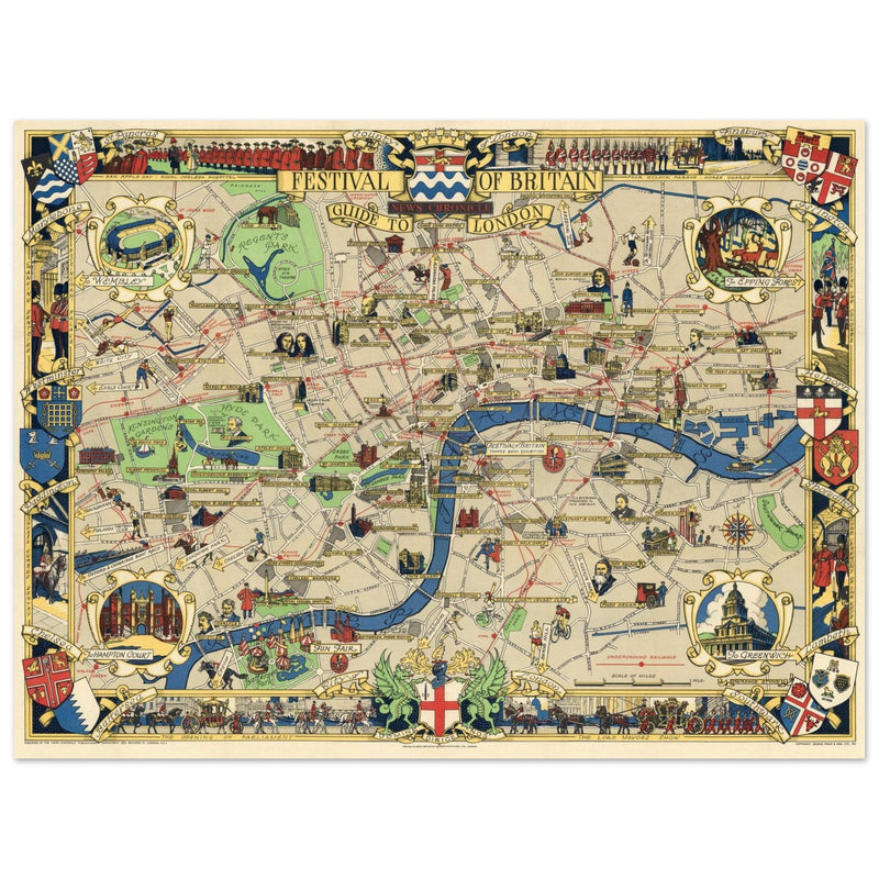 London 1951 vintage city map . Landmarks and places of interest in London.