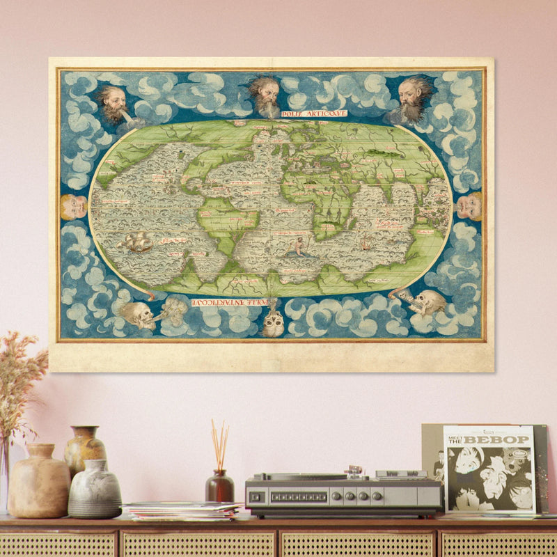 Ancient vintage old map of the world poster reproduction by Guillaume Le Testu 1555
