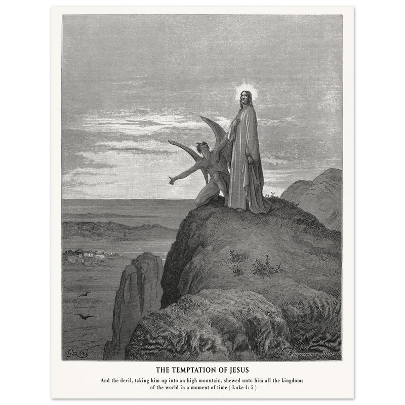 Gustave Dore The Bible engraving print . The temptation of Jesus illustration .