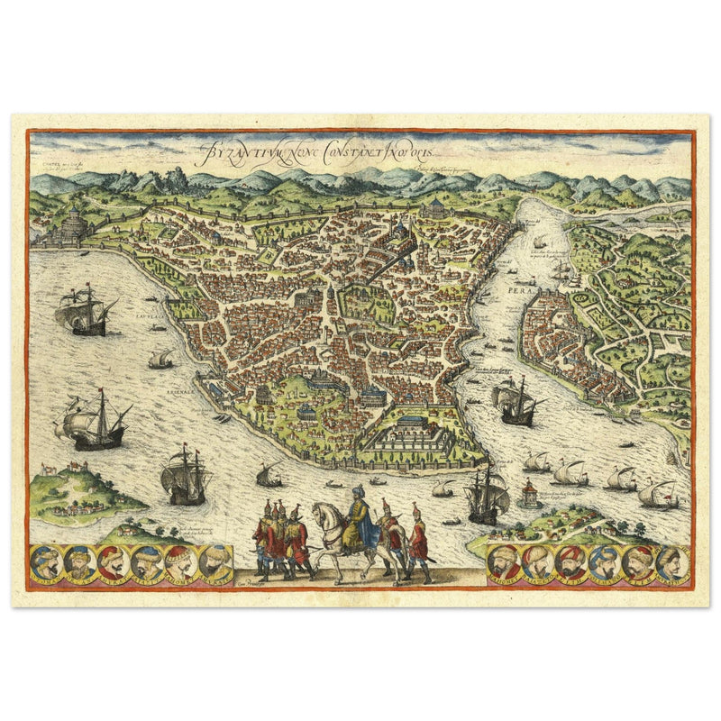 Istanbul ancient map. Byzantium Nunc Constantinopolis by Georg Braun