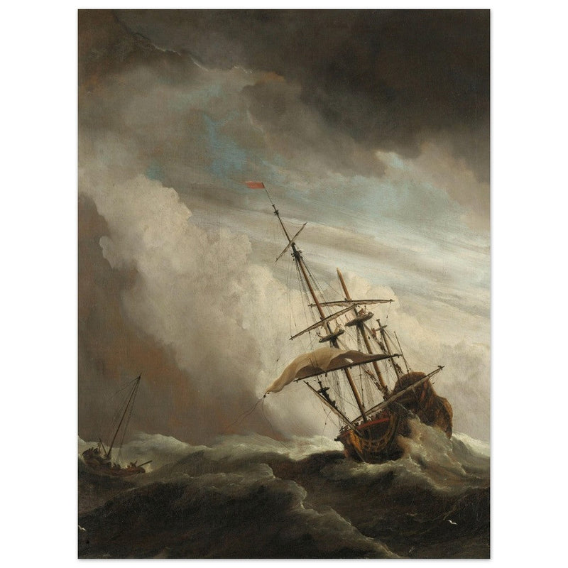 Willem van de Velde A Ship on the High Seas Caught by a Squall, Known as The Gust. Old marine painting. Stormy sea.