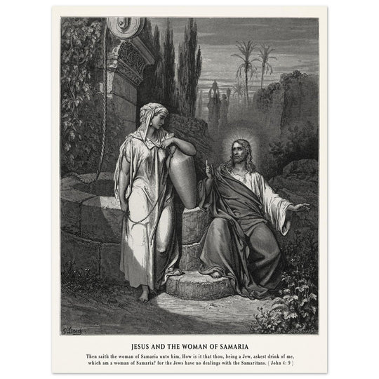 Gustave Dore The Bible engraving print . Jesus and the woman of Samaria illustration .