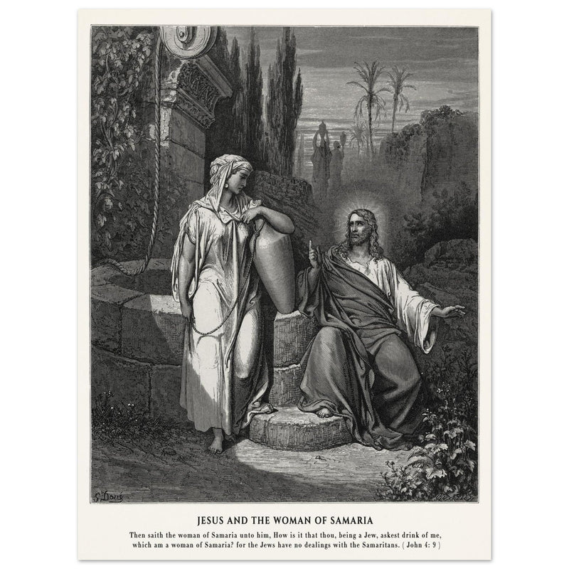 Gustave Dore The Bible engraving print . Jesus and the woman of Samaria illustration .